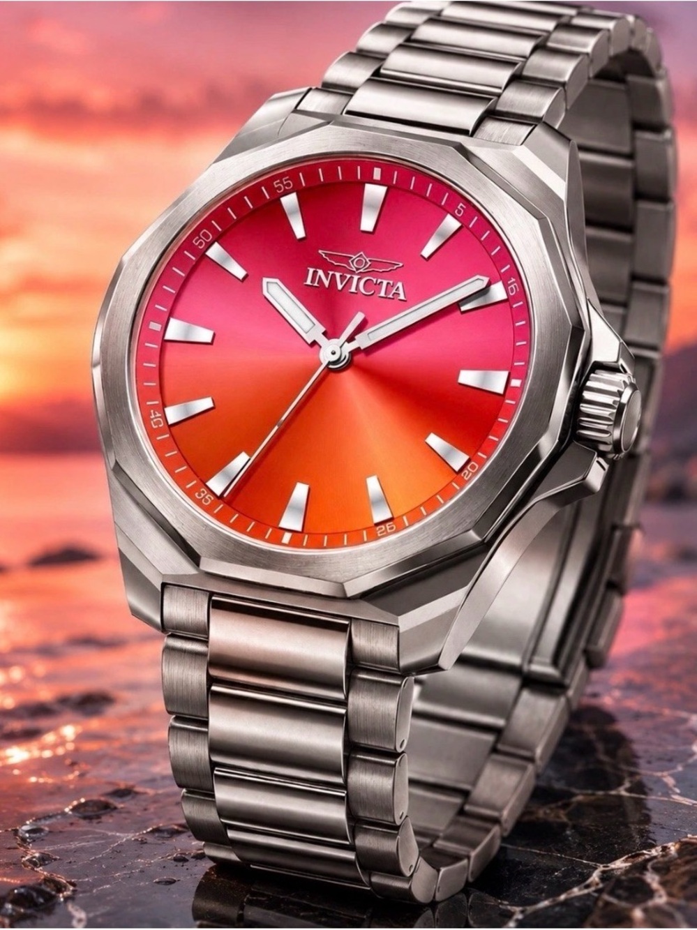 Invicta Men's Stainless Steel Watch with Pink-Orange Gradient Dial